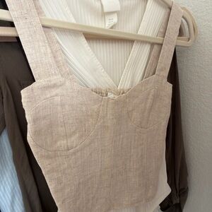 Linen Blend Square Neck Crop Top - Beige